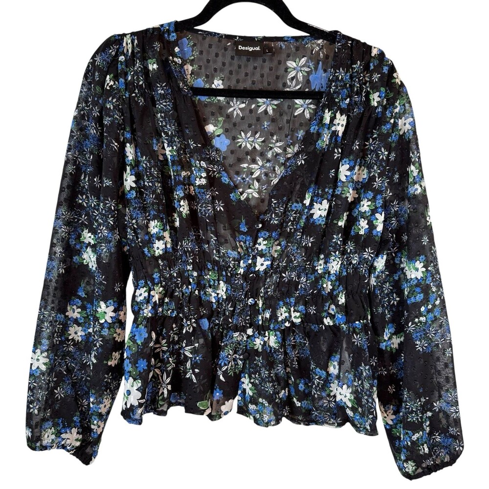 Desigual Blouse Shirt Size Large‎ Rhode Island Black White Floral Sheer V-Neck